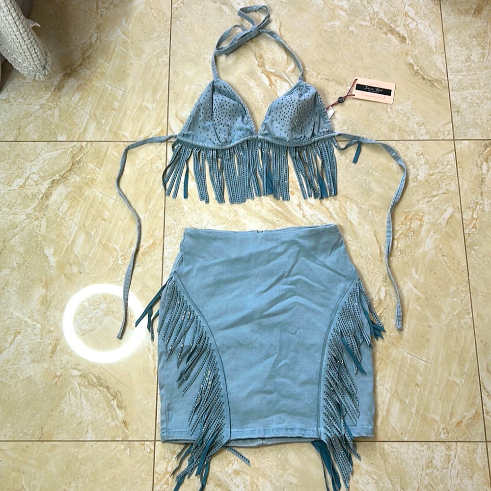 Denim Blvd Western Fringe Bikini Skirt Set